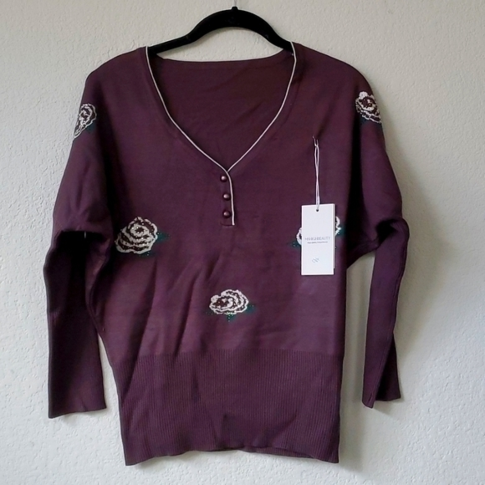 Ms High Beauty Women's Brown V-neck Knit Sweater Embroidered Flowers Medium‎